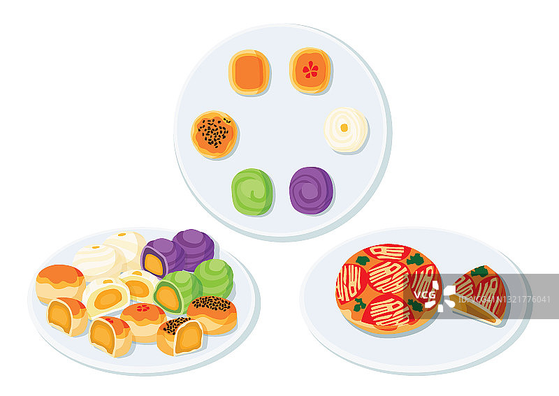 中国月饼与甜绿豆在盘子和咸蛋。白色背景上的绿豆沙和咸蛋月饼或中式糕点。在白色背景上的插图向量图片素材