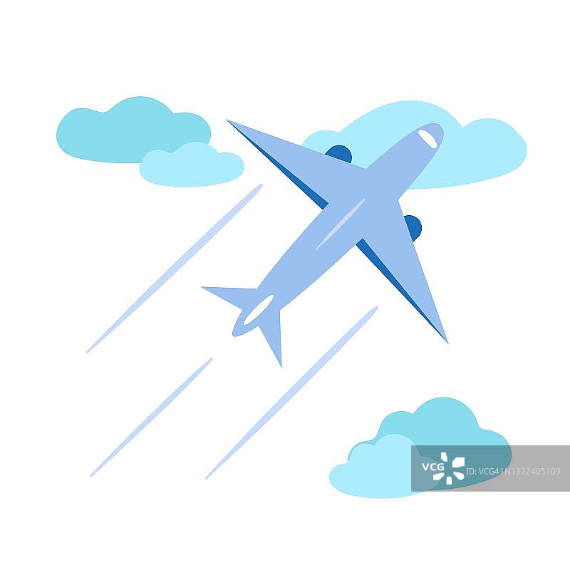 飞机在天上带着云。矢量插图的一架飞机。扁平风格的航空概念。图片素材