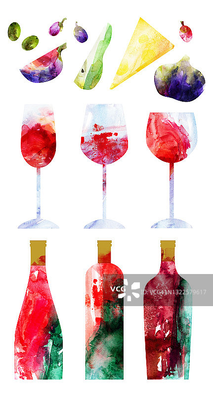 水彩抽象红酒酒杯和瓶子，零食插图。图片素材
