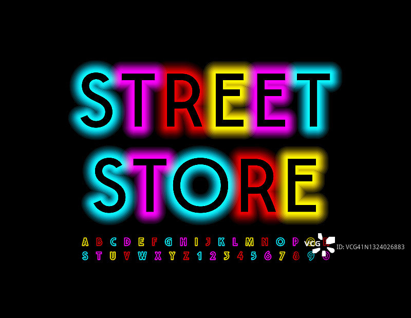 向量霓虹标志街道商店与明亮的字母和数字集图片素材