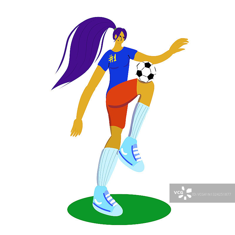 女人与足球在平面风格的插图。女子足球。足球运动员图片素材