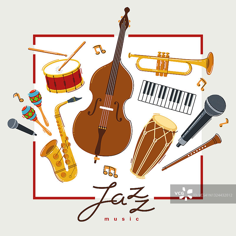 爵士乐乐队海报不同的乐器矢量平面插图，现场声音音乐节或音乐会广告传单或横幅，演奏不同的乐器管弦乐队。图片素材