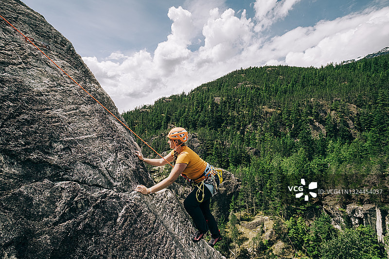 女性攀岩者攀登一个狭窄的岩石脊包围了茂密的森林附近的惠斯勒，BC图片素材