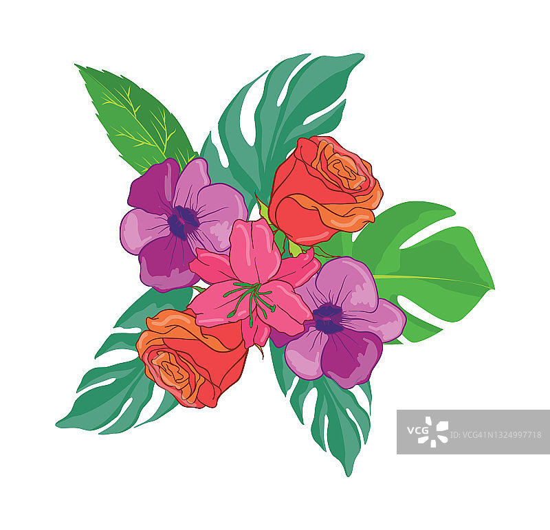 美丽的矢量花叶安排设置图形优雅的花和叶在彩色插图。可以用于你的婚礼或任何邀请模板吗图片素材