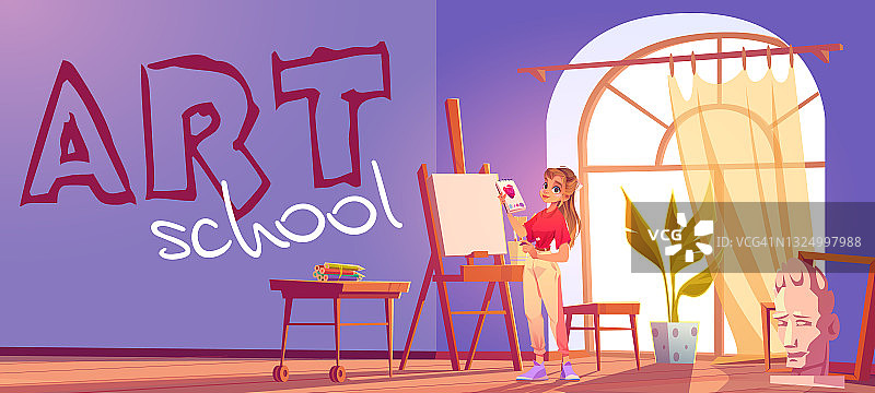 艺术学校卡通横幅。画架上的艺术家女孩图片素材