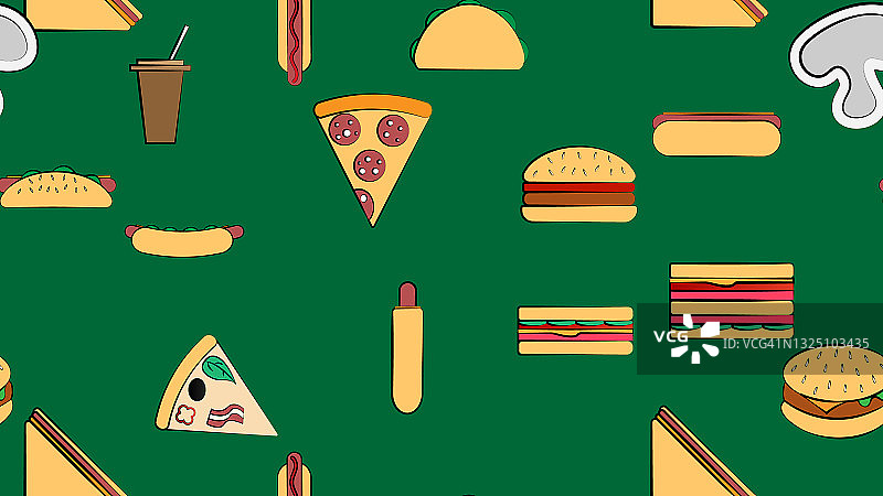 无尽的绿色无缝图案美味食品和零食图标设置为餐厅酒吧咖啡馆:汉堡，热狗，三明治，披萨，玉米煎饼，饮料。背景图片素材