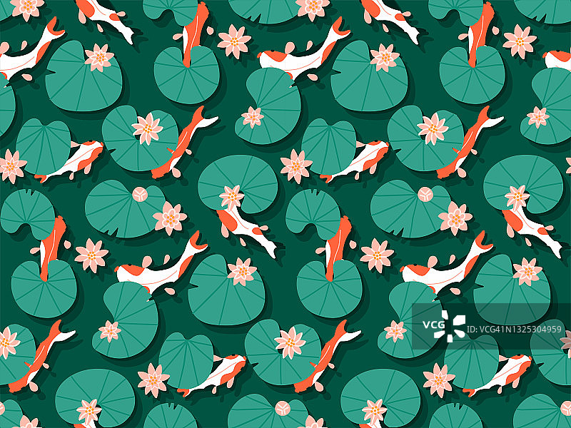 无缝传统与图案锦鲤鱼游泳在翡翠水与粉红色荷花百合，手绘矢量插图。卡通鱼在池塘游泳的日本东方花园。了观点图片素材