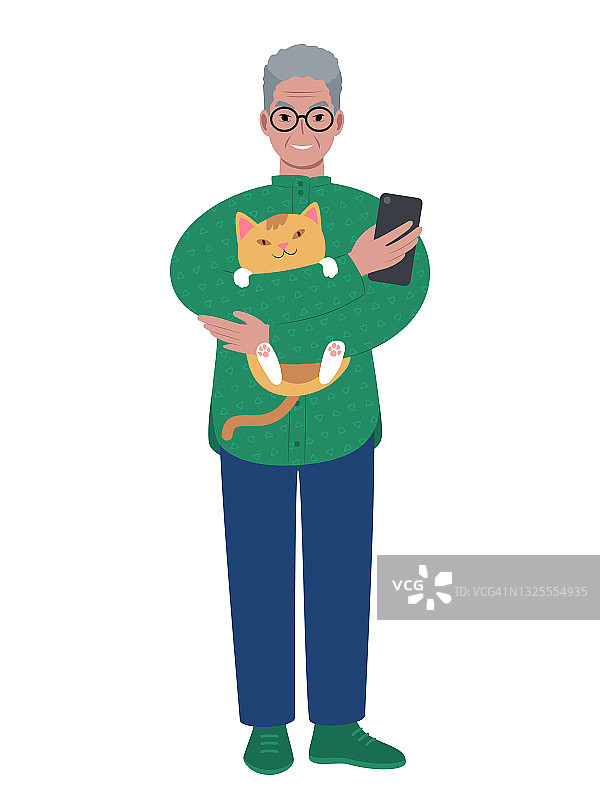 有猫和智能手机的现代老年白种人图片素材