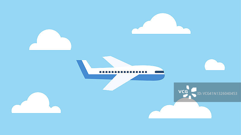 被云包围的飞机在天空中飞行。航空运输或航空旅行概念。平的风格。矢量图图片素材