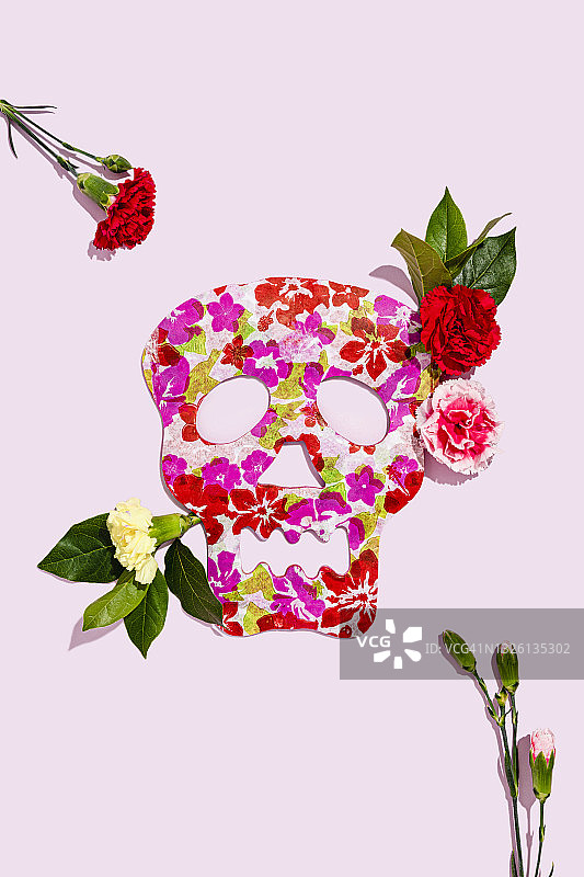 工作室拍摄了盛开的玫瑰和装饰着花卉图案的红色骷髅面具图片素材