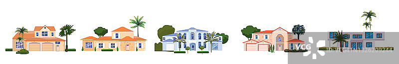 宅院楼设住宅楼，热带树木，棕榈树。房屋外立面正面观景建筑家庭现代别墅别墅或公寓、别墅。郊区的房地产图片素材