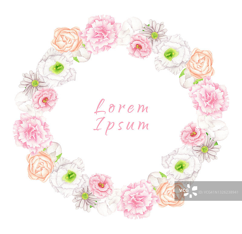水彩花环。手绘圆形框架与腮红和桃花孤立在白色。植物插画与粉彩花蕾婚礼请柬，保存日期，卡片，时尚。图片素材