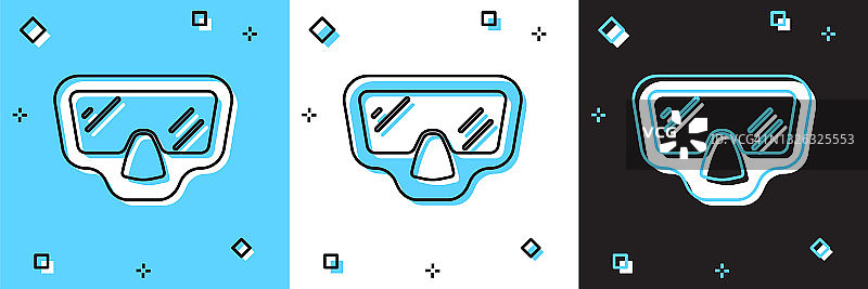 设置潜水面具图标隔离在蓝色和白色，黑色的背景。极限运动。在水下潜水设备。向量图片素材