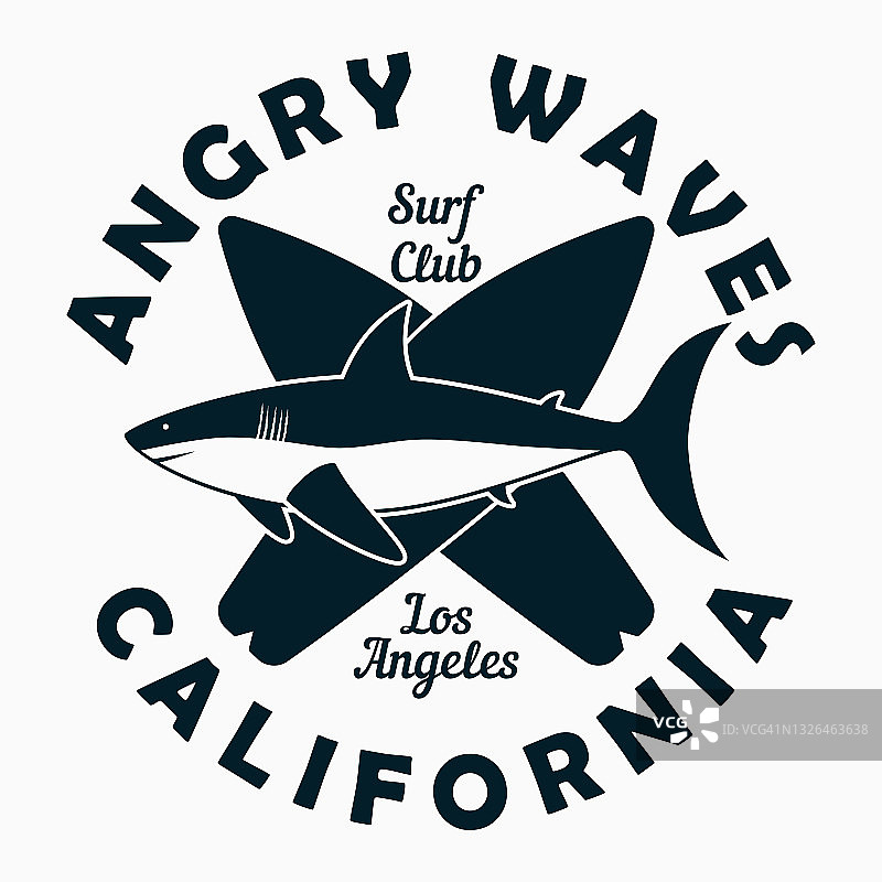 加州，洛杉矶——设计服装，t恤的排版。图片打印与鲨鱼和冲浪板。冲浪俱乐部邮票的服装。向量图片素材