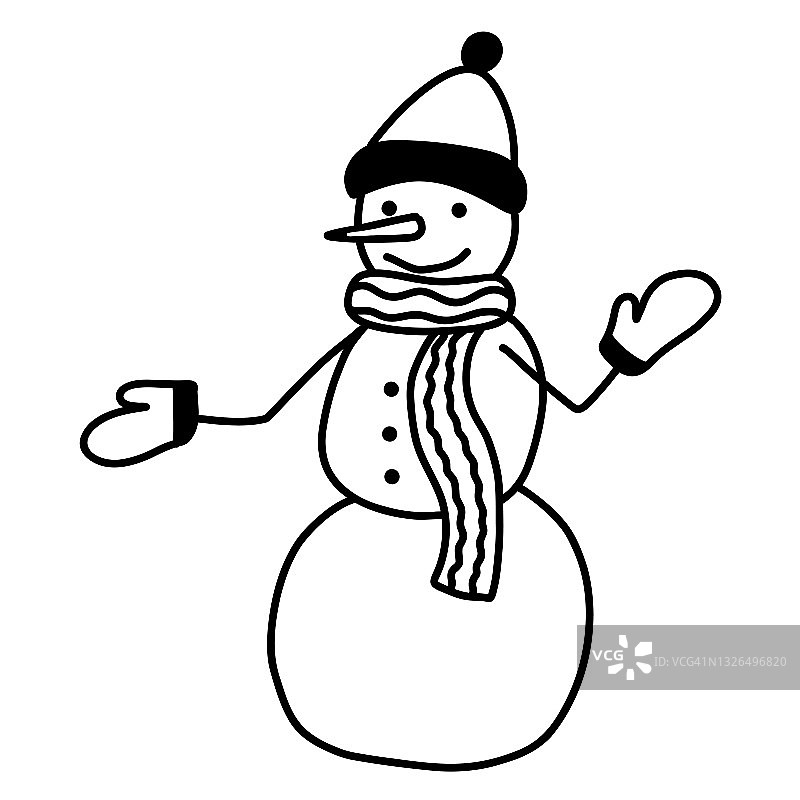 手绘矢量圣诞涂鸦搞笑雪人。假日线性插图图片素材