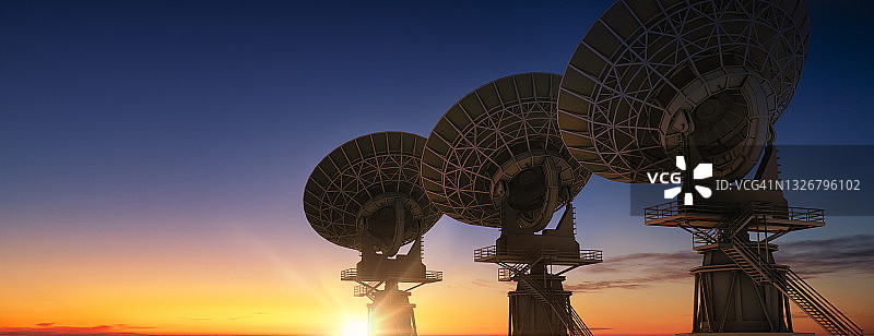 大型射电望远镜在一个晴朗的日子里搜索天空的日出3D渲染图片素材