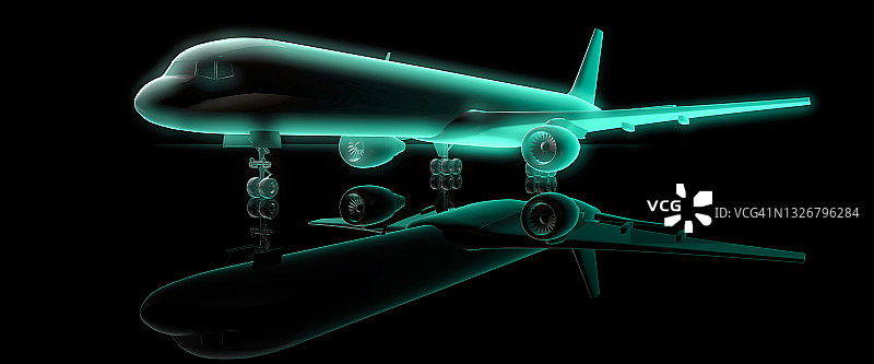 明亮的霓虹绿色辉光在一架现代飞机上展示碳中性旅行概念3D渲染图片素材