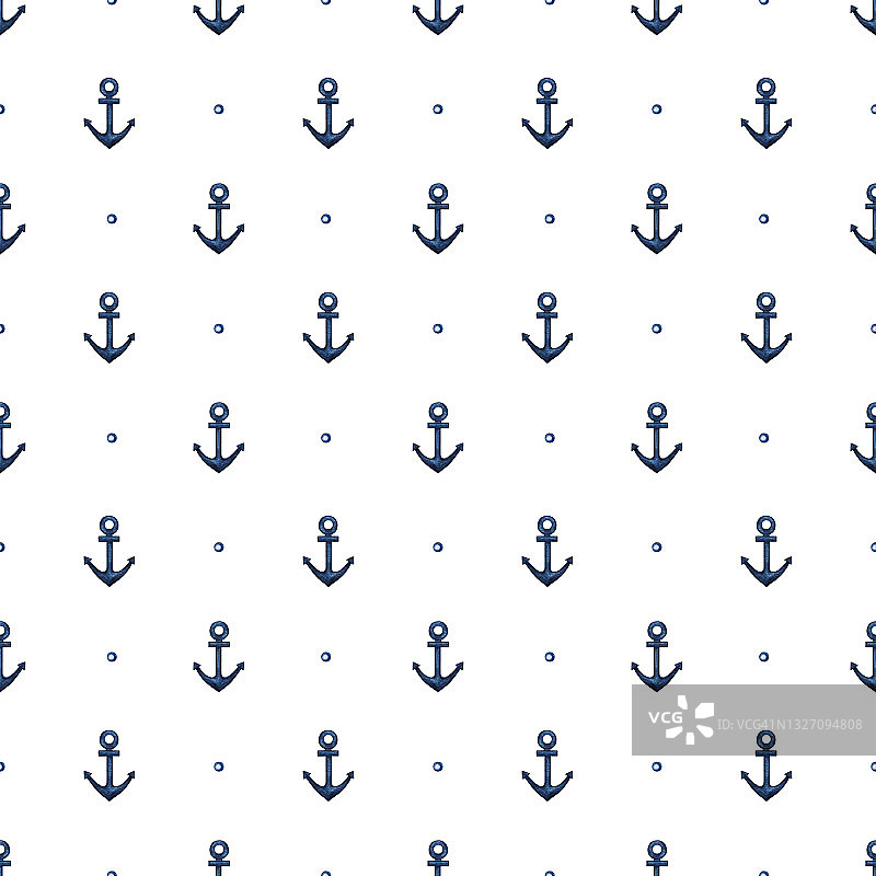水彩海军蓝色锚无缝模式。航海船的部分。海洋生物、邮轮、旅游主题。手绘海洋背景，纹理设计打印图片素材