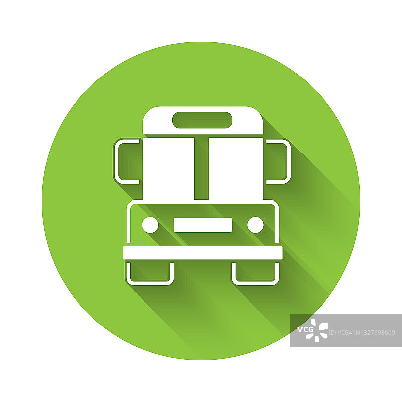 白色校车图标孤立与长影子。公共交通的象征。绿色圆圈按钮。向量图片素材