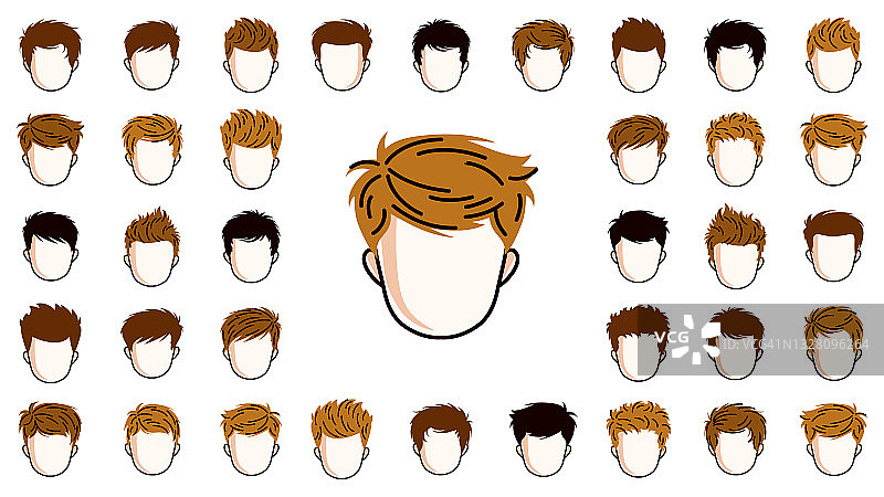 男孩发型头矢量插图设置孤立在白色的背景，早期十几岁的孩子男孩迷人的美丽的发型收集，不同的头发颜色。图片素材