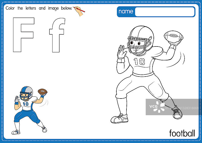 矢量插图的儿童字母着色书页与概述剪贴画，以颜色。字母F代表足球。图片素材