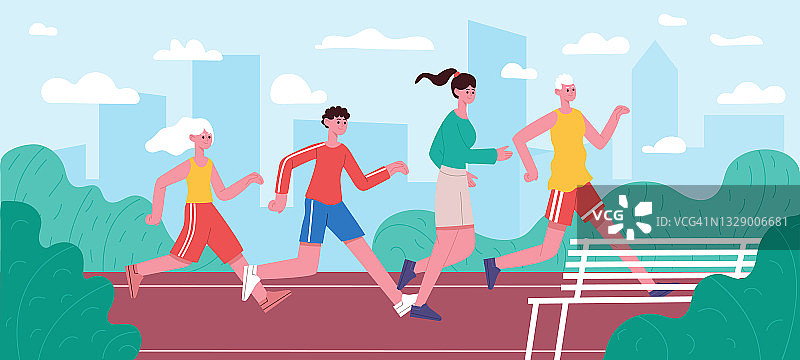 运行的家庭。慢跑爸爸，妈妈和孩子，积极健康的生活方式父母动机，父母和孩子慢跑在公园矢量插图。家庭马拉松图片素材