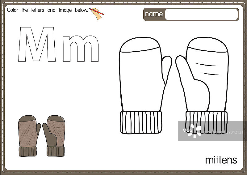 矢量插图的儿童字母着色书页与概述剪贴画，以颜色。字母M代表手套。图片素材