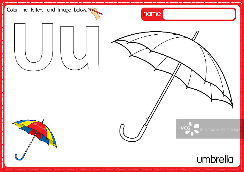 矢量插图的儿童字母着色书页与概述剪贴画，以颜色。字母U代表雨伞。图片素材