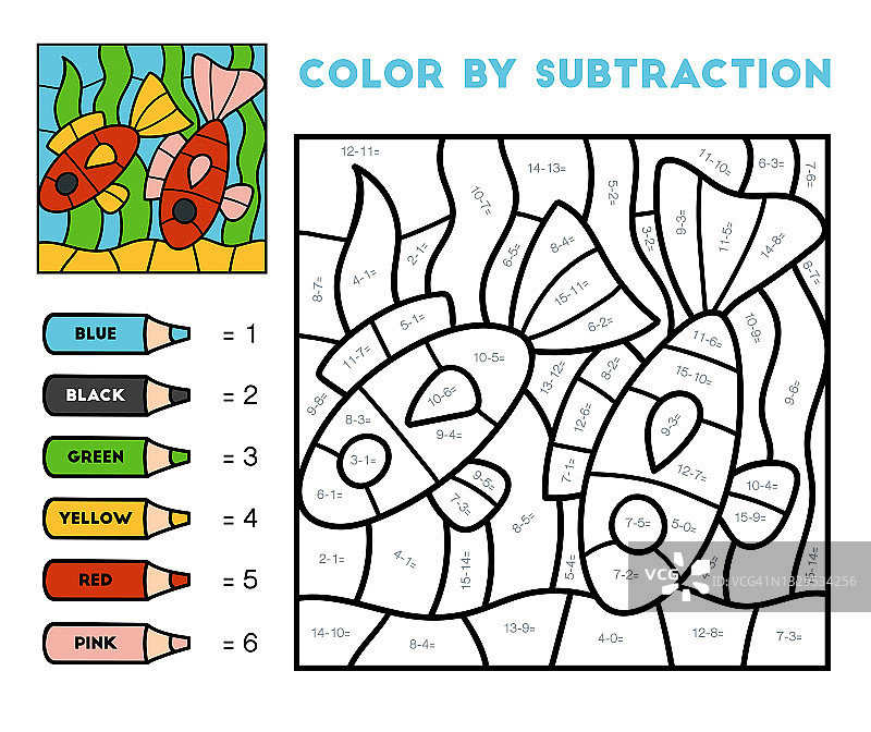 彩色减法，儿童教育游戏，两条鱼图片素材