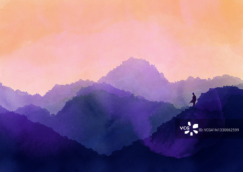 水彩插图的山在黄昏图片素材