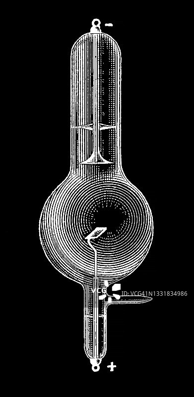 早期伦琴，x光仪器的古老雕刻插图图片素材
