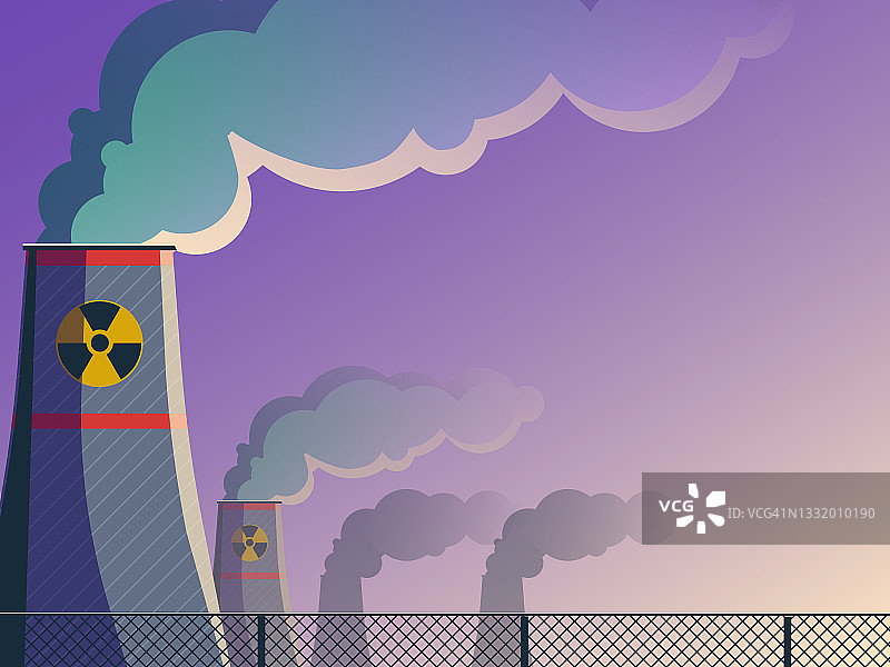 一个核电厂的矢量插图-烟和辐射标志的管道。图片素材