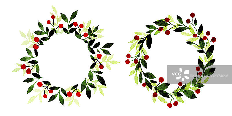 水彩绘画。一套由绿叶和红浆果组成的圣诞花环。圆形框架，单叶花环。剪贴画隔离在白色的背景图片素材