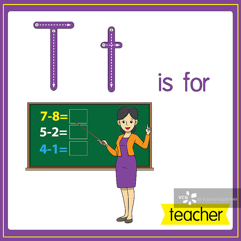 矢量插图学习字母为儿童与卡通形象。字母T代表老师。图片素材