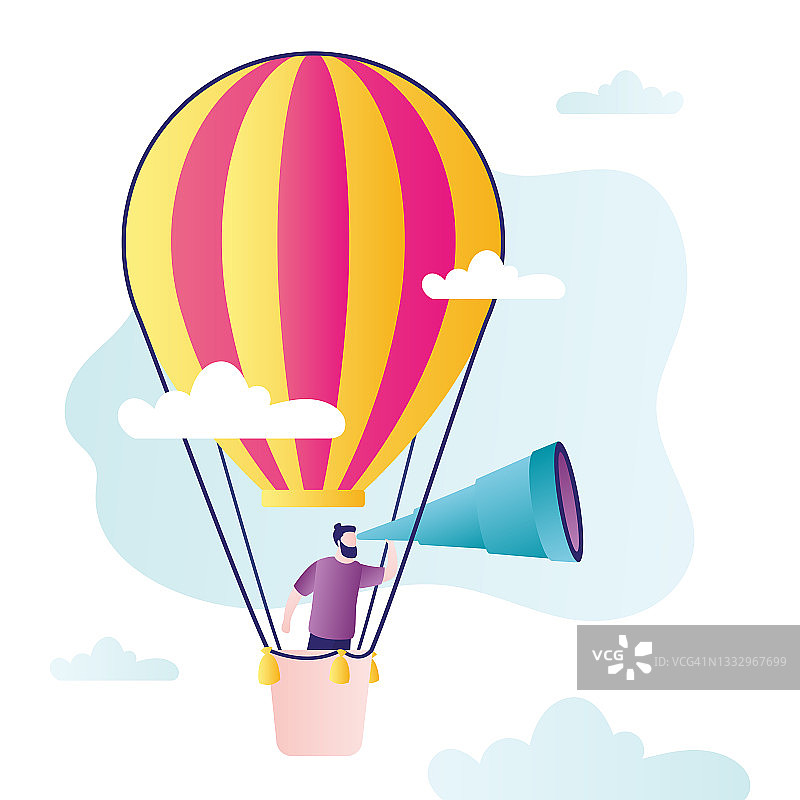 男主角乘坐巨大的热气球飞行。寻找灵感和机会的商人图片素材