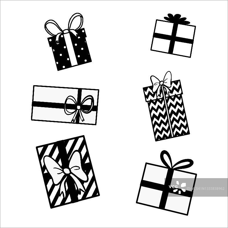手绘向量集与礼物。向量素描礼盒为任何节日-新年，生日，圣诞节和更多图片素材