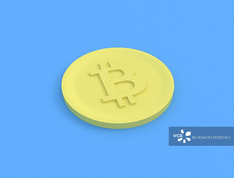 蓝色背景上的比特币。虚拟货币。虚拟cryptocurrency概念。比特币黄色的硬币。未来的数字货币。3 d渲染。图片素材