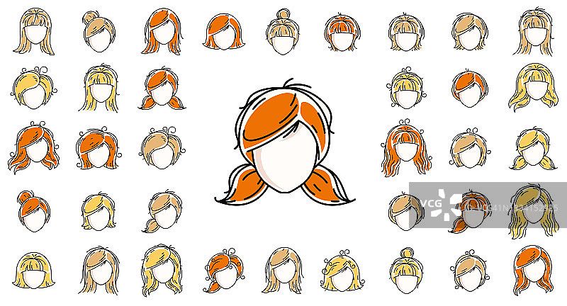 女人的发型头矢量插图集孤立在白色的背景上，女孩迷人美丽的发型收集，不同的头发颜色。图片素材