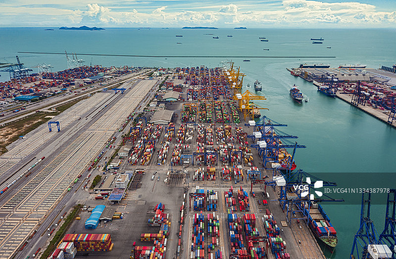 航拍集装箱船在码头商业港口或集装箱仓库的商业物流，进出口，航运或货物运输。图片素材