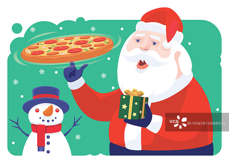 圣诞老人拿着披萨和圣诞礼物图片素材