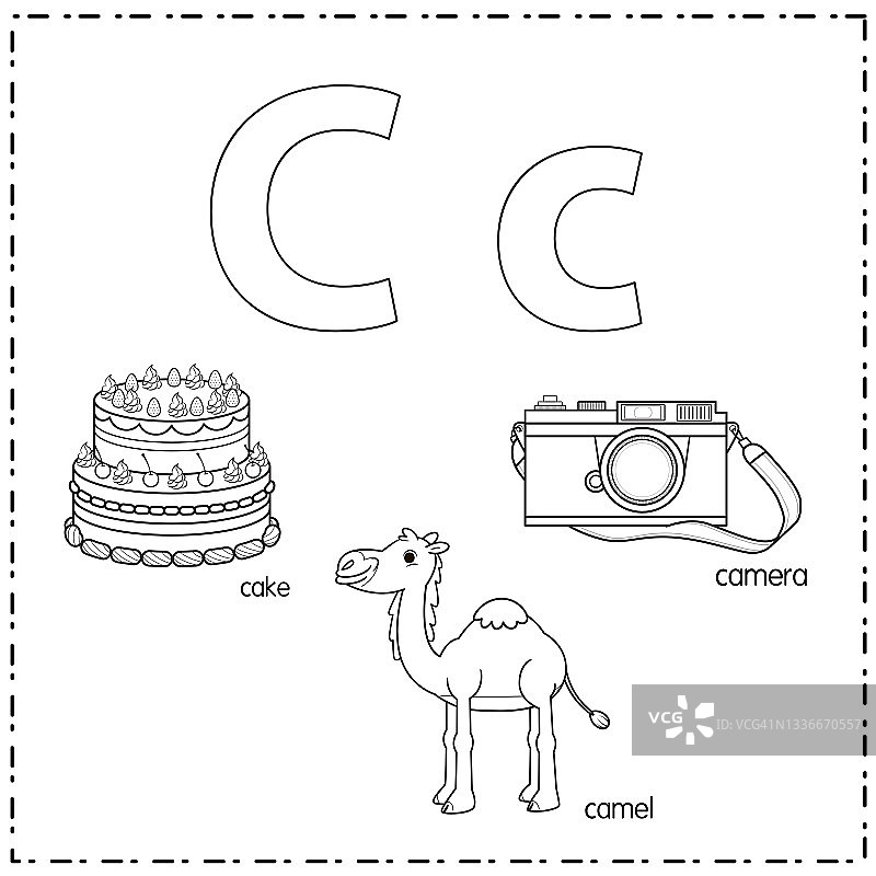 向量插图学习字母C的小写和大写的儿童与3卡通图像。蛋糕骆驼相机。图片素材
