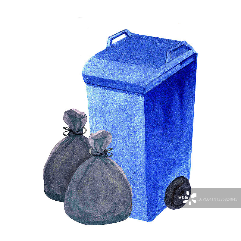垃圾桶水彩，垃圾桶和垃圾袋垃圾，黑色塑料垃圾袋和蓝色垃圾桶图片素材
