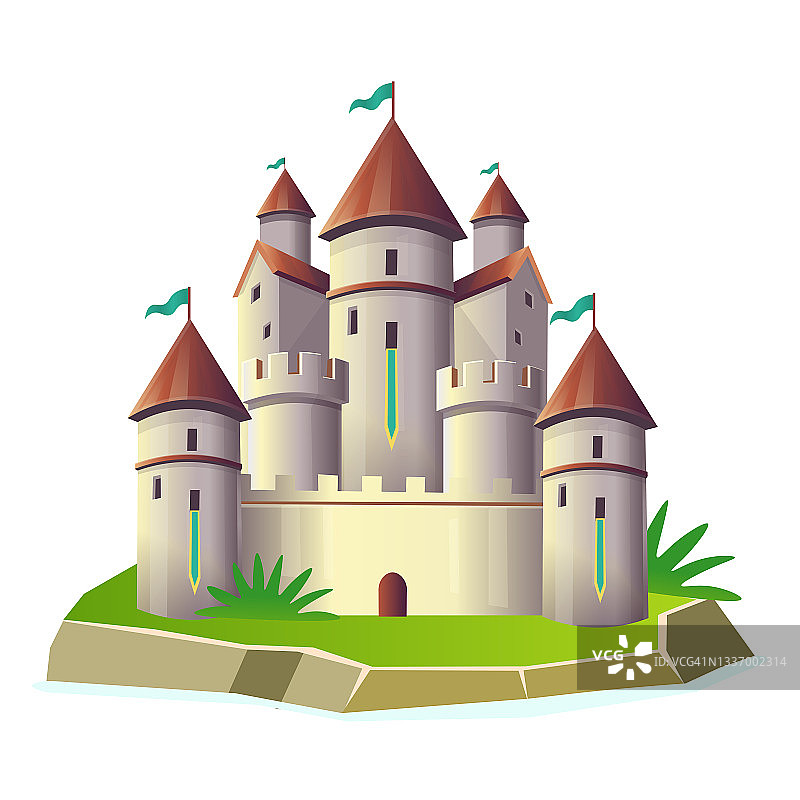 岛上有一座塔楼的梦幻城堡。图片素材