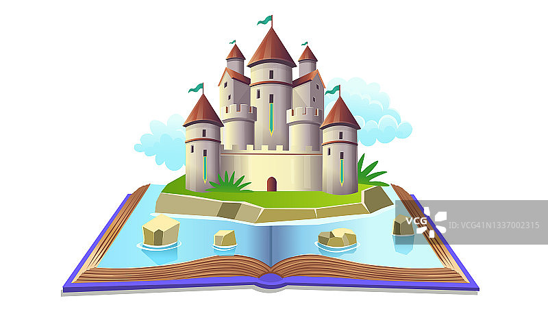 打开书与仙女城堡和云彩。矢量插图卡通风格的孩子。概念有儿童游戏室、生日、儿童俱乐部、幼儿园、学校。图片素材