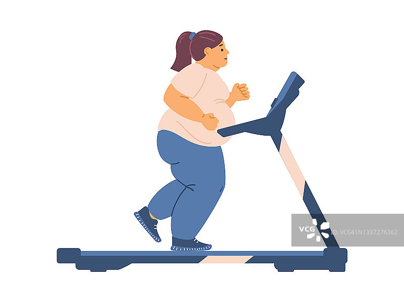 肥胖的年轻女子和超重的跑步机在健身房跑步减肥图片素材