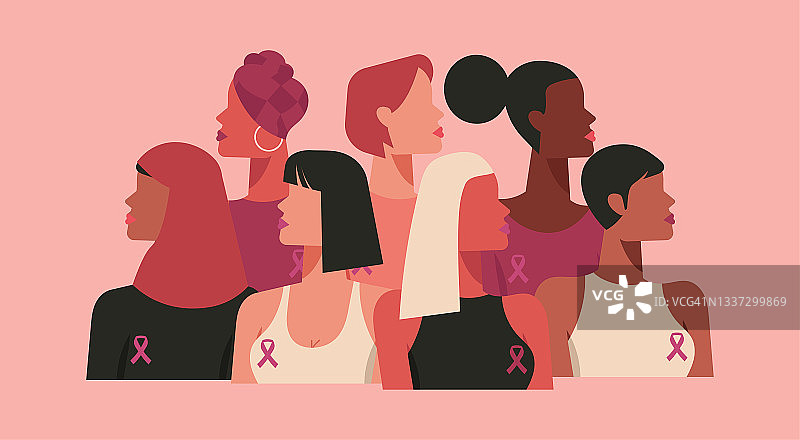 乳腺癌宣传月和不同种族的女性粉红色丝带支持图片素材