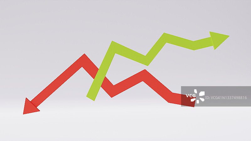 红色和绿色之字形箭头线方向在上升趋势和下降趋势孤立在白色背景。业务增长概念，统计预测，财务利润，股票变动图片素材