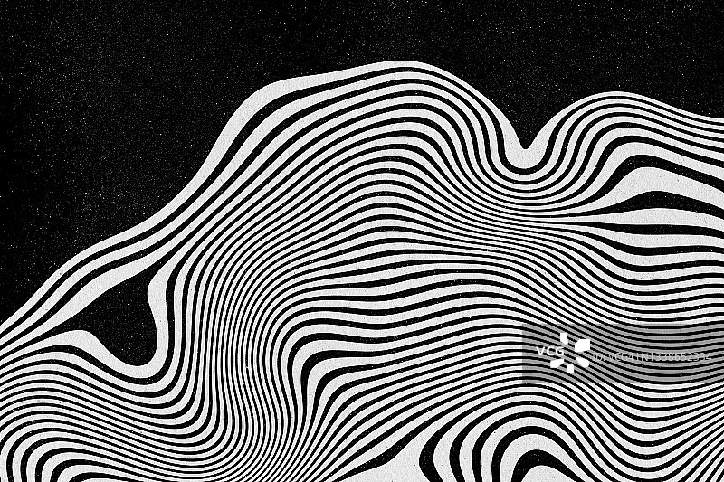 抽象几何扭曲的白色波浪在黑色背景。黑色和白色漩涡形状。极简静物风格图片素材