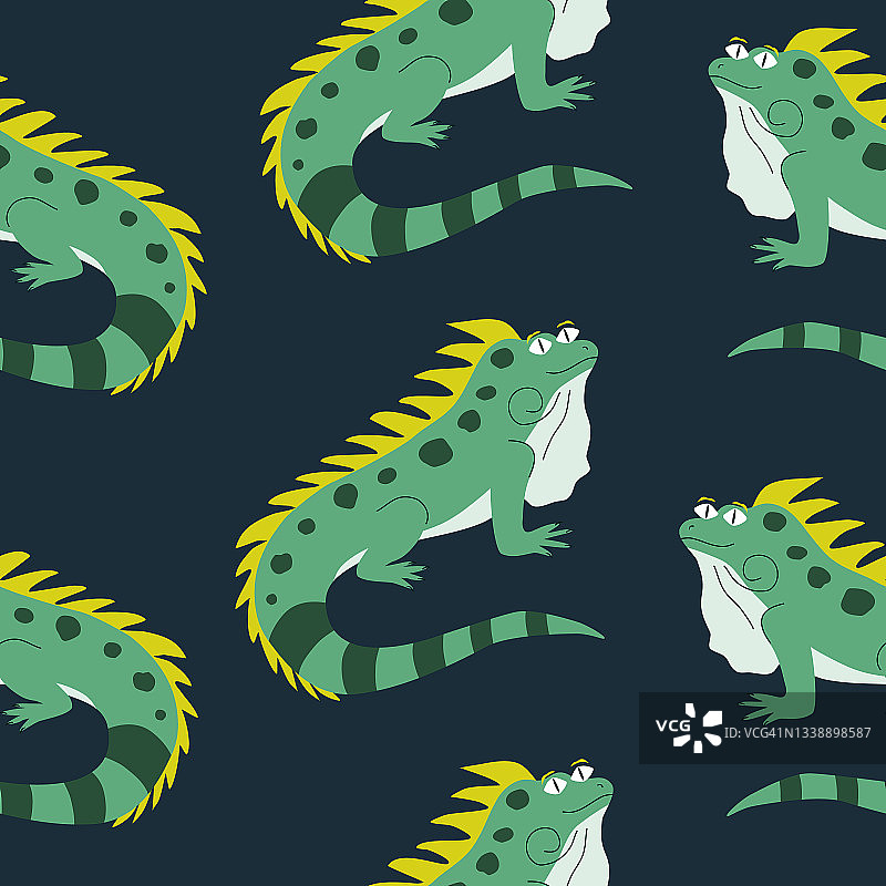 可爱的绿色鬣蜥与有趣的眼睛手绘矢量插图。可爱的蜥蜴卡通人物。动物无缝模式。图片素材