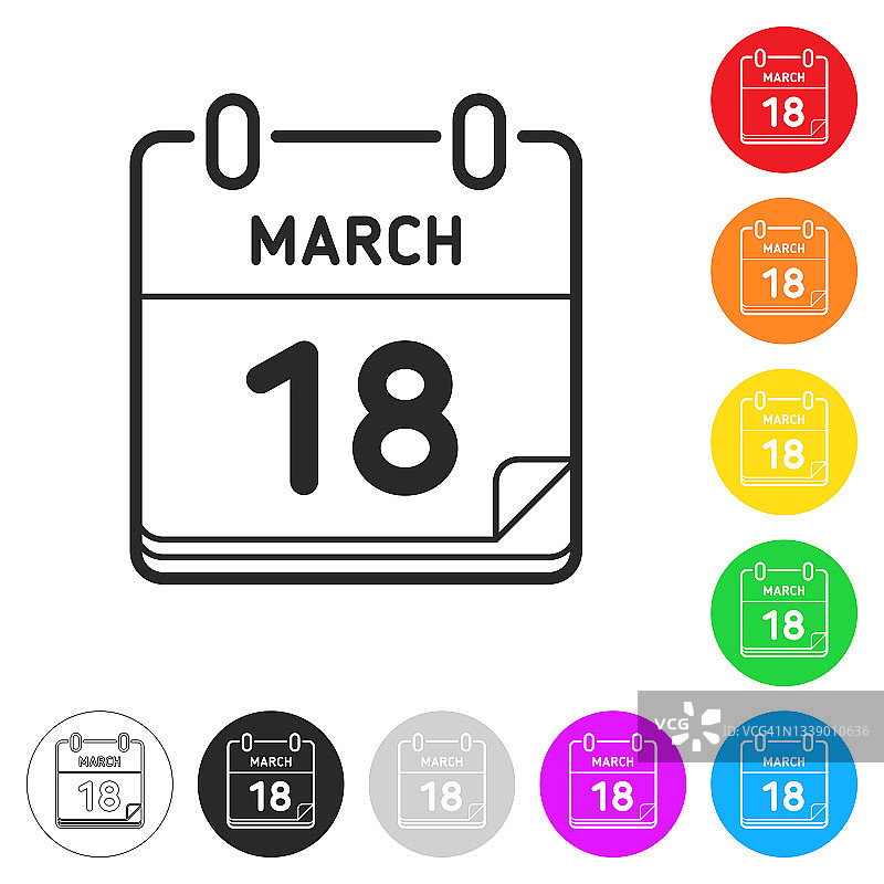 3月18日。按钮上不同颜色的平面图标图片素材